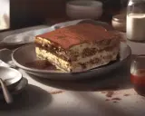 Un délicieux tiramisu, saupoudré de cacao, attend sur une assiette. Un verre de café et une carafe de lait complètent ce tableau gourmand.