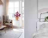 Mysigt litet rum med soffa, fåtölj, soffbord och en stor fönster. Bredvid syns en säng med randigt påslakan.