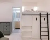Un appartement fonctionnel avec lit mezzanine, échelle noire, cuisine grise et salle de bain visible.