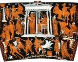 Starożytny grecki malunek przedstawia scenę z mitologii, gdzie bohaterowie walczą z potworami. To jakby piekło na ziemi, pełne akcji i dramatyzmu.