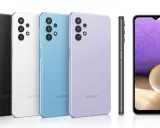Cztery telefony Samsung Galaxy A32 w kolorach czarnym, białym, niebieskim i fioletowym.