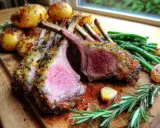 Saftig lammracks med örtpanering, serverad med rostade potatisar, gröna bönor och vitlök. Ett perfekt lammracks recept för helgen!