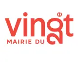 Logo rouge "vingt" avec "MAIRIE DU" en dessous. Le chiffre 20 est stylisé dans le mot "vingt".