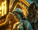 Kamienna rzeźba anioła w blasku światła. Liczba 11:11, symbolizująca 1555 znaczenie, pojawia się jako świetlisty znak.