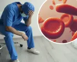 Zmęczony lekarz od krwi siedzi na krześle, opierając głowę na dłoni. Obok widok czerwonych krwinek.