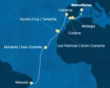 Mappa di una crociera Costa che parte da Maceio, passa per le Canarie e Capo Verde, risale fino a Lisbona e poi attracca a Barcellona.