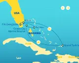 Mapa z trasą rejsu: USA (Miami, P.N. Everglades, Ocean Cay), Bahamy (Nassau), Kuba, Grand Turk Island.