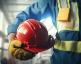 Obrero con casco rojo y guantes amarillos, listo para trabajar. Su chaleco de alta visibilidad es un material EPI esencial.