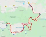 Mapa trasy spływów Dunajcem. Zaznaczony początek w Sromowcach Niżnych, przez Pieniny, aż do Szczawnicy.