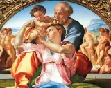 Le tableau de Michel-Ange représente la Sainte Famille avec des figures nues en arrière-plan.