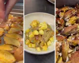 Preparación de pollo al ajillo: trozos de pollo crudo, plato servido con patatas y salsa, y pollo horneado con ajos.
