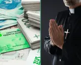 Pieniądze i legitymacja ZUS obok modlącego się księdza. Wizualizacja momentu, kiedy ksiądz idzie na emeryturę.