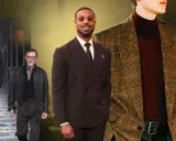 Collage of men in stylish suits and jackets, including Michael B. Jordan in a brown suit.