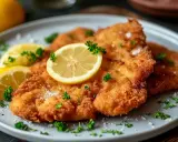 Goldbraunes Wiener Schnitzel auf grauem Teller, garniert mit Zitronenscheiben und Petersilie. Ein Klassiker, der Appetit macht.