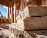 Blocs de laine de bois inflammable empilés sur un chantier de construction en bois.