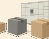 Trzy paczki o różnych rozmiarach obok automatu paczkowego. Wymiary paczek są zaznaczone strzałkami, pokazując podawanie wymiarów kolejność.