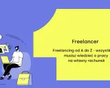 Kim jest freelancer? Ilustracja pokazuje mężczyznę pracującego na laptopie, z kotem i torbą obok. Ikony symbolizują pracę zdalną i zarobki.