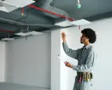 Técnico revisa instalaciones en un local vacío, asegurando el cumplimiento de la normativa trasteros en garajes.
