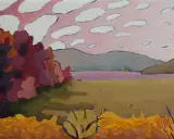 A stylized landscape painting with a pink sky dotted with white clouds. A cluster of dark red and purple foliage is on the left, with rolling hills and a purple body of water in the distance. The foreground is a golden field, reminiscent of a max berry...