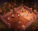 Postać w stylu gry survivalowej, otoczona kamiennym murem, z namiotem i ogniskiem. Idealne dla fanów gier podobnych do Don't Starve.