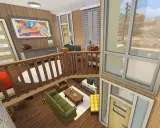 Nowoczesne meble w The Sims 4: zielona sofa, drewniany stolik kawowy i żółty puf tworzą przytulny salon.