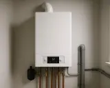 Nowoczesny, biały kocioł kondensacyjny wiszący na ścianie, podłączony do instalacji grzewczej.