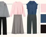 Three chic outfits: grey coat with black pants, pink sweater with grey skirt, blue top with grey pants.
