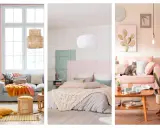 Trois scènes déco douces : salon gris et jaune, chambre pastel, salon rose avec chat. Ambiance chaleureuse couleur bois de rose.
