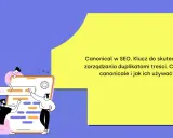 Grafika ilustruje zarządzanie duplikatami treści w SEO. Kluczowe są linki kanoniczne, które pomagają w optymalizacji.