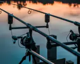 Dwa wędki feederowe ustawione nad wodą o zachodzie słońca. Podpórka feeder stabilnie trzyma sprzęt, gotowy na branie.