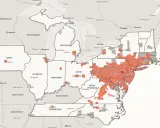 Map showing the spread of a spotted lanternfly infestation across the northeastern United States, with red areas indicating affected regions.