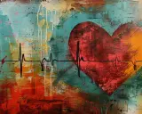 Abstrakcyjne serce z linią EKG, symbolizujące arytmię serca. Tło pełne kolorowych plam i smug.