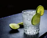 Ein erfrischender Gin Tonic, perfekt gemixt mit Eis und Limettenscheiben.