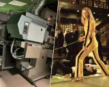 Proyector de cine 70 mm junto a una escena de "Kill Bill" con Uma Thurman.