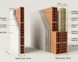 Corte de un muro con ladrillo hueco, aislamiento y acabados. Se aprecian capas de ladrillo hueco, mortero, yeso, cámara de aire y aislamiento térmico.