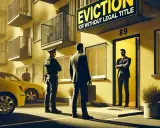 Egzekutor przed drzwiami, gdzie mieszka lokator bez umowy najmu i zameldowania. Znak "EVICTION" sugeruje problem.