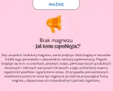 Grafika informuje o tym, jak zapobiegać niedoborom magnezu. Wskazuje na dietę bogatą w naturalne źródła magnezu i suplementację.