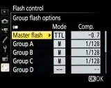 Menu aparatu Nikon z opcjami kontroli lampy błyskowej, zaznaczona opcja "Master flash".