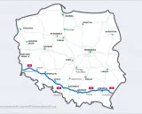 Mapa Polski z zaznaczoną autostradą A4, biegnącą od Jędrzychowic przez Wrocław, Katowice, Kraków do Korczowej.
