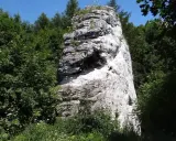 Wysoka, biała skała w otoczeniu bujnej zieleni, tworząca malowniczy krajobraz skalnego miasta w Polsce.