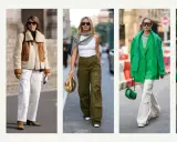 Five women showcase stylish outfits featuring cargo pants in various colors and styles, proving what is cargo pants and how versatile they are.