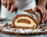 Une main coupe une tranche de roulé à la crème, garni de miettes croustillantes pour buche. Saupoudré de sucre glace.