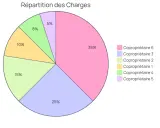 Répartition des charges pour la tantième copro : le copropriétaire 6 paie 38%, le 3 paie 25%, le 2 paie 15%, le 1 paie 10%, le 4 paie 8% et le 5 paie 5%.