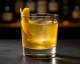 En gyllene drink med is och citronskal, en riktig "gold rush drink" som väntar på att avnjutas.