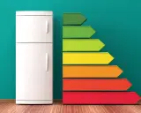 Biała lodówka obok kolorowych pasków od zielonego do czerwonego. Paski symbolizują klasę energetyczną lodówki E, co oznacza średnią efektywność.