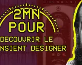 Un homme barbu regarde, à côté d'un plugin audio "Transient Designer". Le texte jaune indique "2MN POUR DECOUVRIR LE TRANSIENT DESIGNER".
