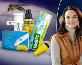 Pour soigner une piqure moustique, découvrez des solutions comme Bite Away et MouSkito. Une femme souriante complète ce visuel.