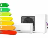 Échelle d'efficacité énergétique A-G à côté d'une unité intérieure et extérieure de climatisation réversible.