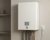 Nowoczesny piec elektryczny do ogrzewania domu, podłączony do gniazdka. Na wyświetlaczu 42 stopnie.