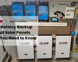 Här visas ett system för batteribackup i hus, med tre vita batterienheter och flera blå växelriktare monterade på väggen.